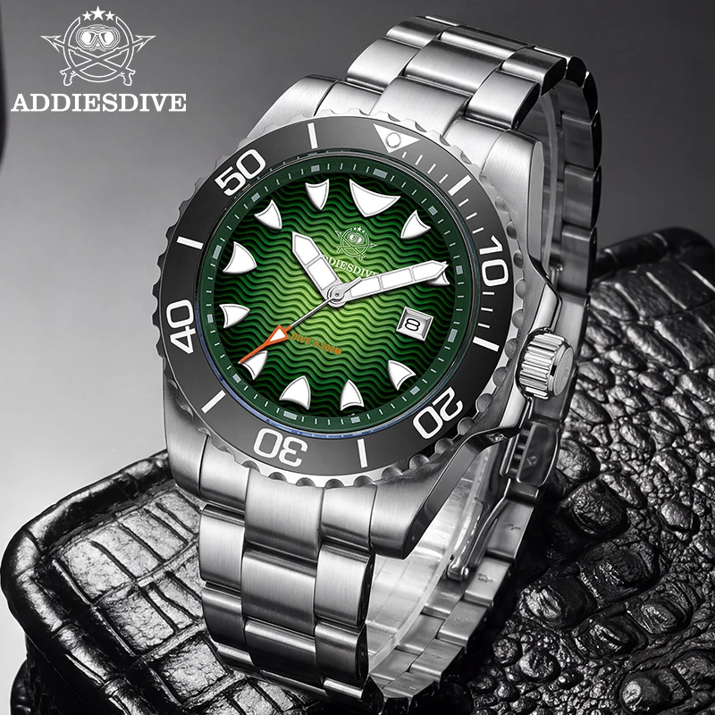 ADDIESDIVE New Watch Ripple Dial 200m Waterproof Luminous Stainless Steel 41mm Men Quartz Wristwatch High Quality Diving Watch
