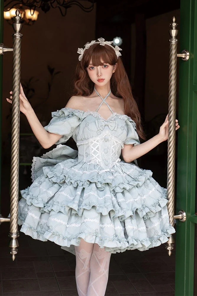 French Romantic Style Lolita Op Elegant Girl Cosplay Princess Puff Sleeve Ribbon Bowknot Flower Tunic Mesh Fantastic Fairy Dress