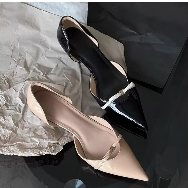 Metal Buckle Bow Slim Heel Single Shoes Fashion Pointed Toe Shallow Mouth Slip-on Hollow Women's Shoes