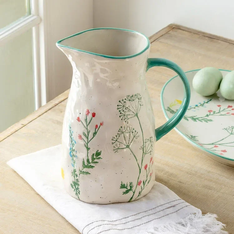 Handmade Painting Pottery Spring Wildflower Kettle, Vase Ornament