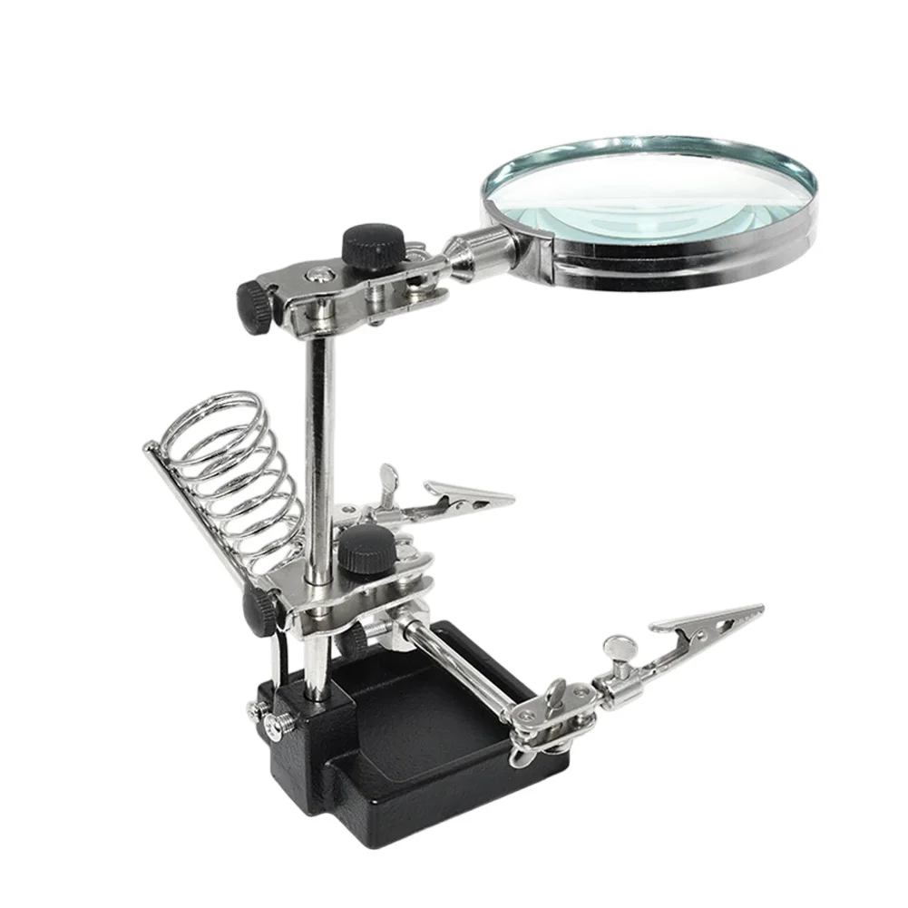 3X Magnifying Glass with Third Hand Support and Adjustable Clips for Soldering Workbench Tasks and Electronics Repair