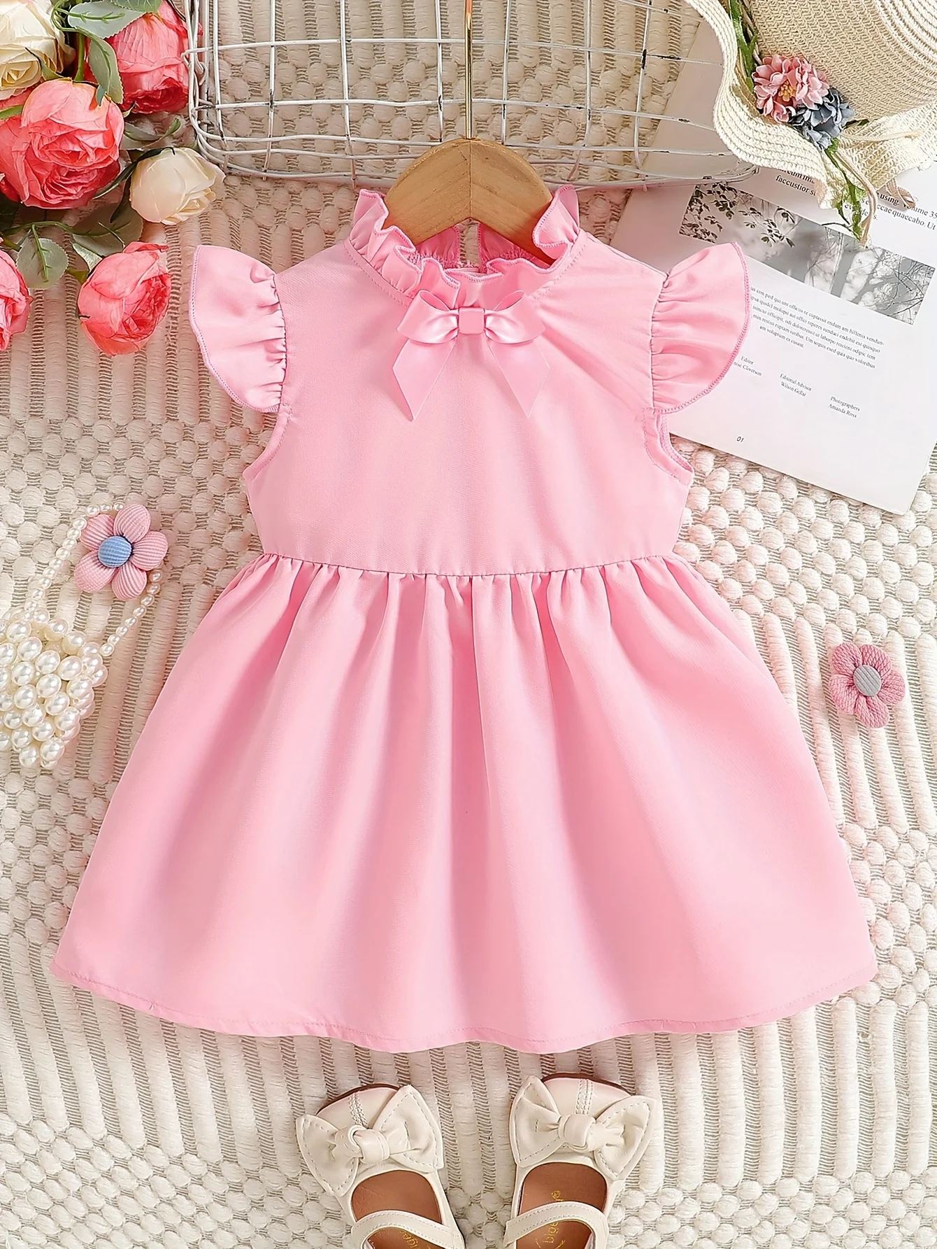 

Летнее розовое платье с бантом в форме сердца для маленьких девочек: тонкая талия и милые рукава, идеально подходит для дней рождения и подарков на День святого Валентина