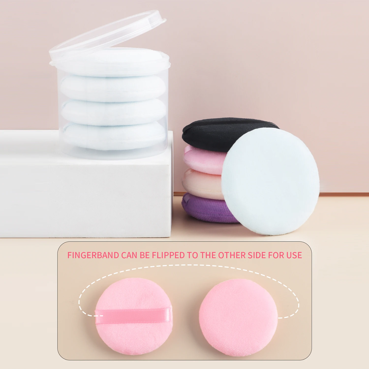 Powder Puff, 5pcs/box soft round sponge powder puff double-side skin-friendly velvet makeup powder puff tape case