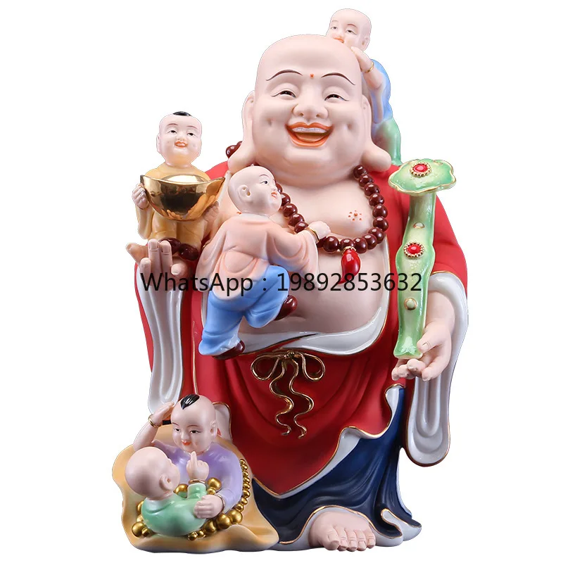 LYY Ceramic Multi-Faced Buddha Five Sons Maitreya Buddha Statue Modern Home Decoration Wealth-Attracting Big-Bellied Maitrey