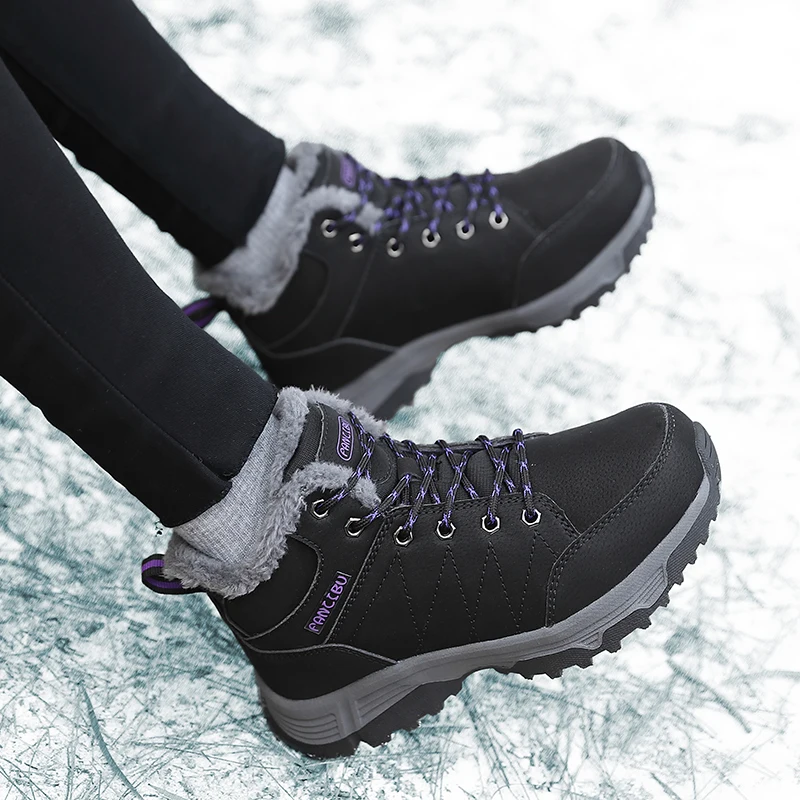 Зимние зимние ботинки, мужские плюшевые ботинки с высоким берцем на шнуровке, теплая удобная нескользящая походная обувь, женская однотонная повседневная обувь, женская