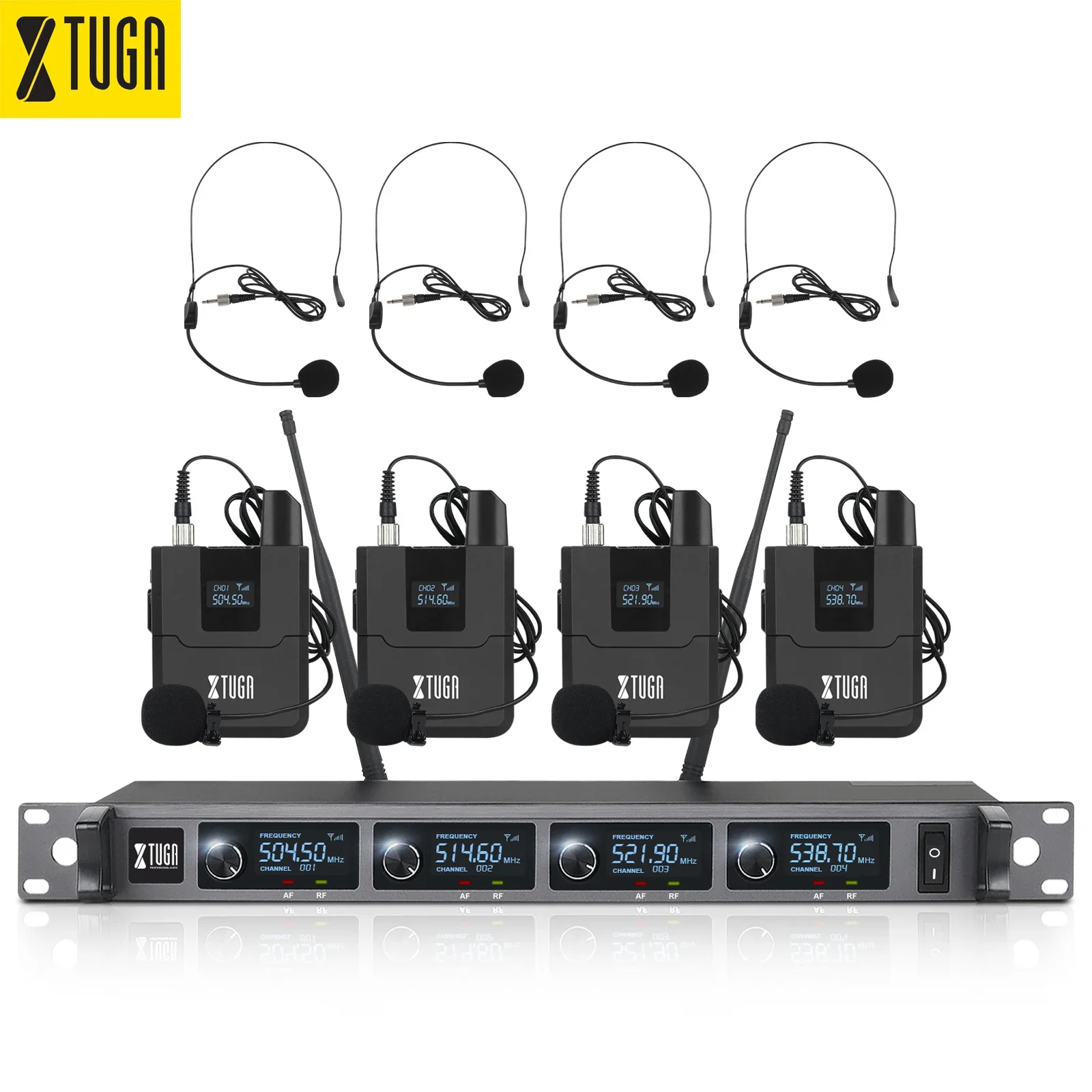 

Xtuga Audio 4 Channel UHF Professional Wireless microphone Mic System