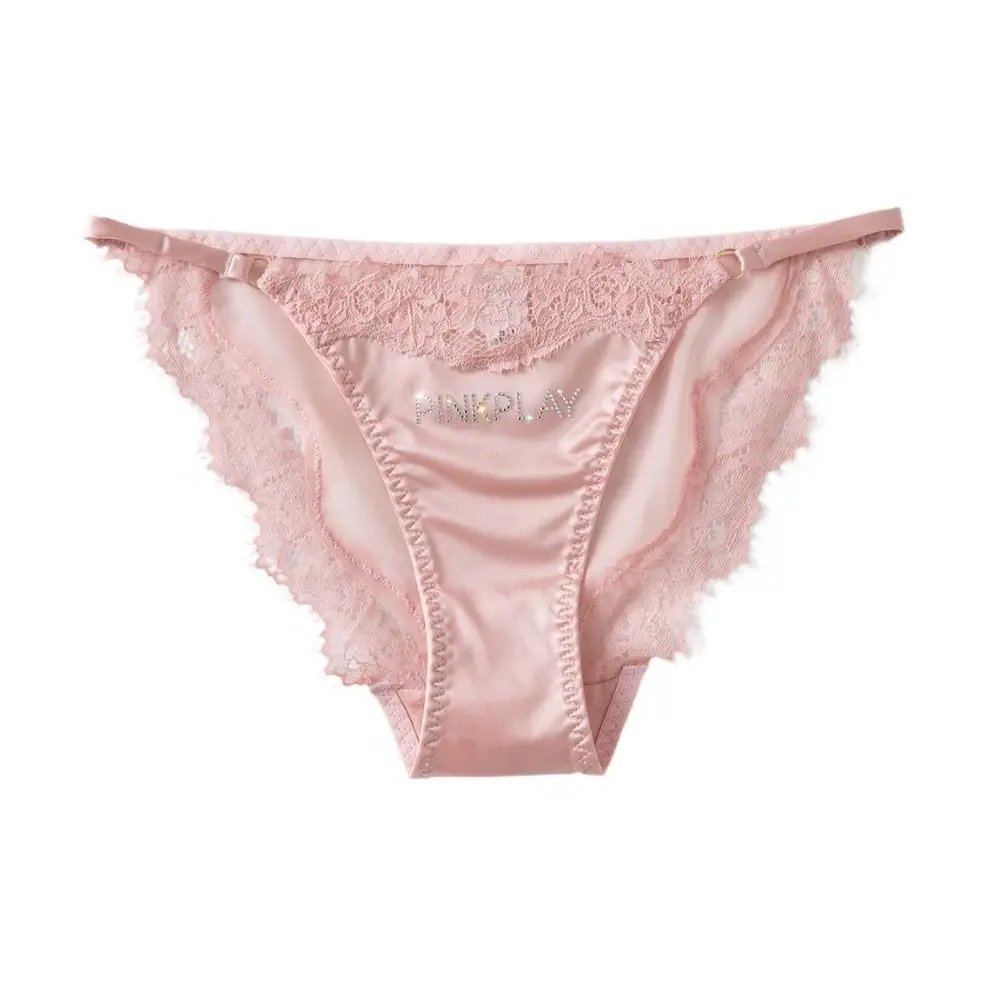Crystal Letter Satin Silk Panties Thin Belt Mid Waist Rhinestone Lace Briefs Underwear Female Lingeries Underpants for Women