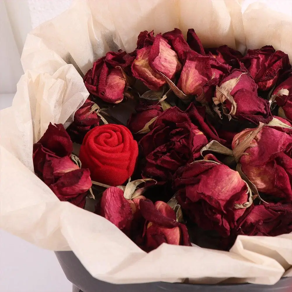 

Red Flower Stem Romantic Wedding Ring Holder Velvet Stud Earrings Jewelry Box Jewelry Packaging Ring Case Engagement Rings Box