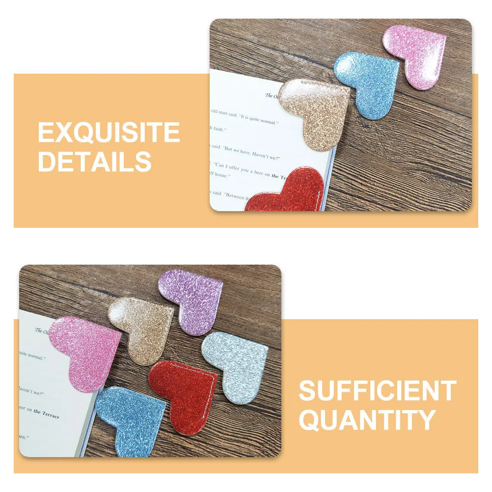학생 교사 사무실 교실 장식용 코너 페이지 홀더 독서 용품용 6개입 PU 하트 모양 글리터 북마크