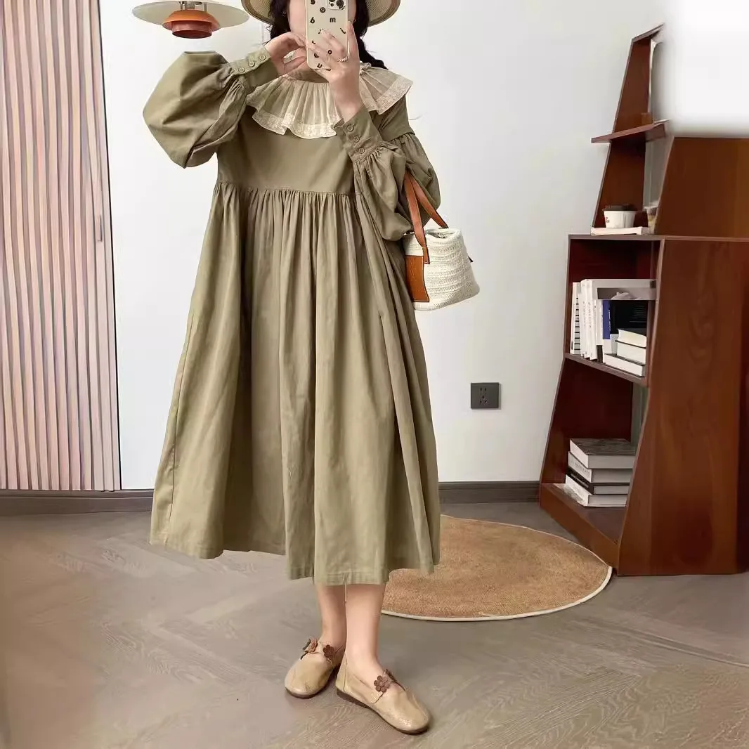 [Bereit auf Lager] Hochwertige Damen-Blusen-Hemdkleider aus 100 % Baumwolle, Lotusblatt-Kragen, lockeres, langes Kleid mit Fleischüberzug