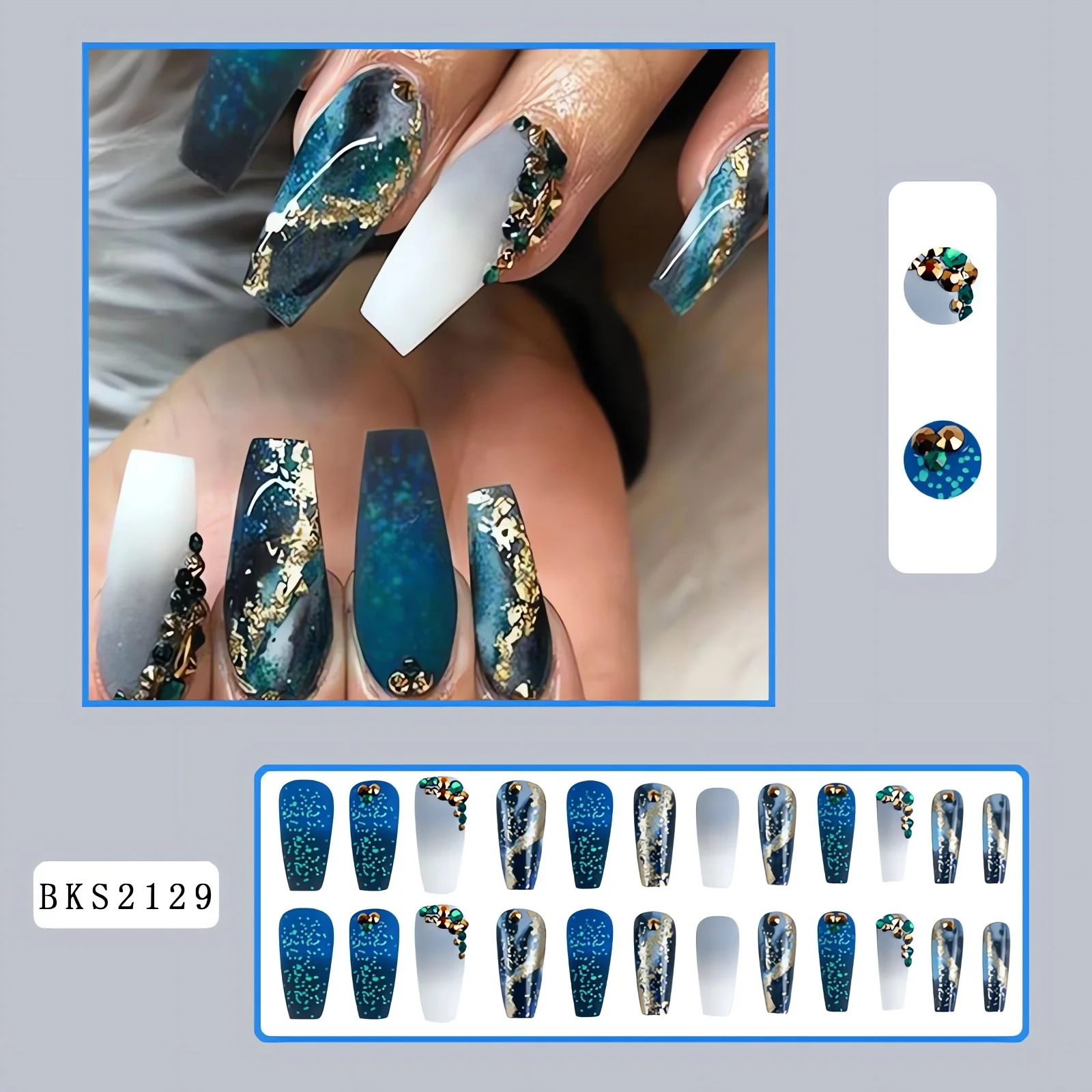 Bling Blue Gradient Nail Tips – Wearable Nail Art with Shimmering Metallic Accents for a Dazzling Manicure