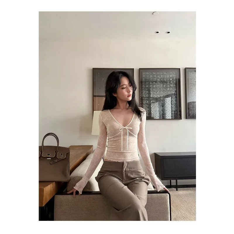 レトロデザイン Vネック リボン レース シャツ レディース ウエストトップ