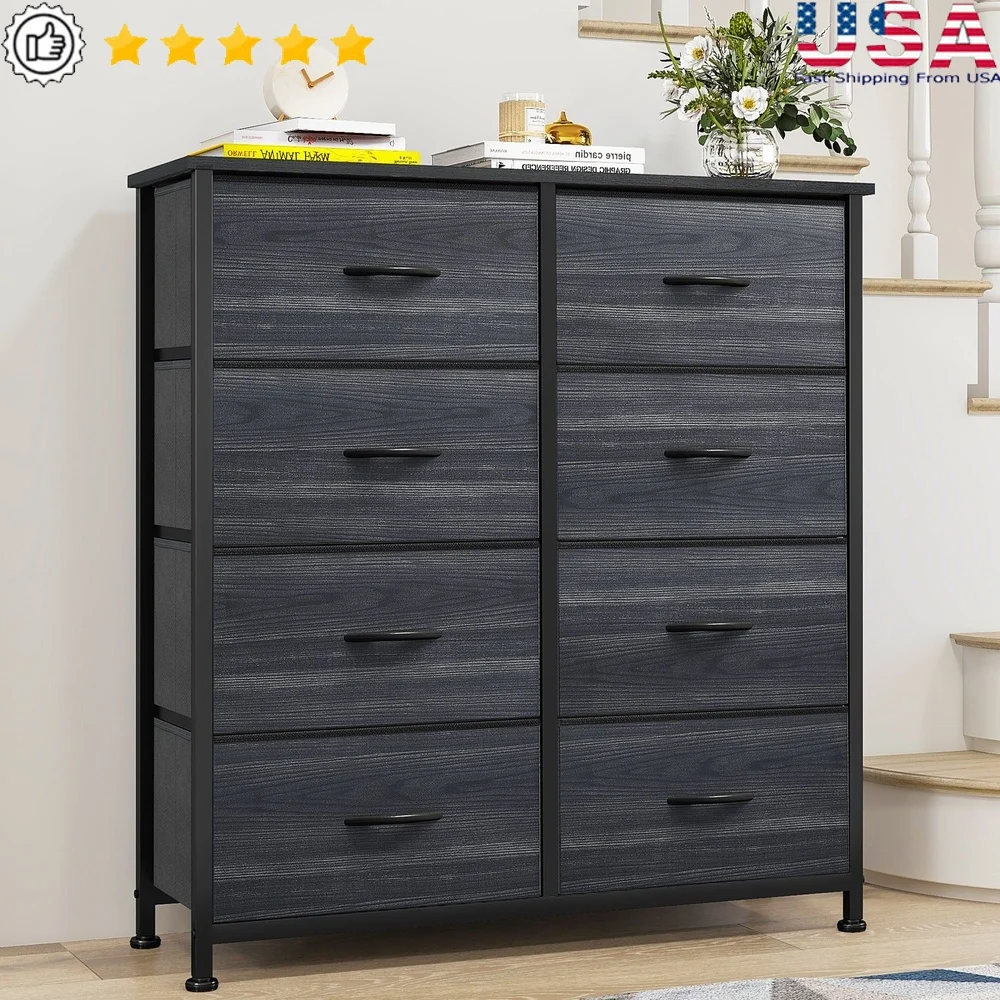 

8-Drawer Storage Dresser Fabric Chest with Wooden Top Steel Frame Easy Pull Handles Anti-Tip Kit Bedroom Living Room Nursery
