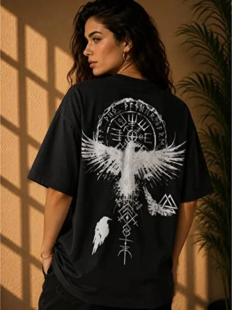 Viking Raven Norse Mythology Graphic Tee Cotton Men's T-shirt Summer Casual Streetwear Breathable Shirts for Male Daily