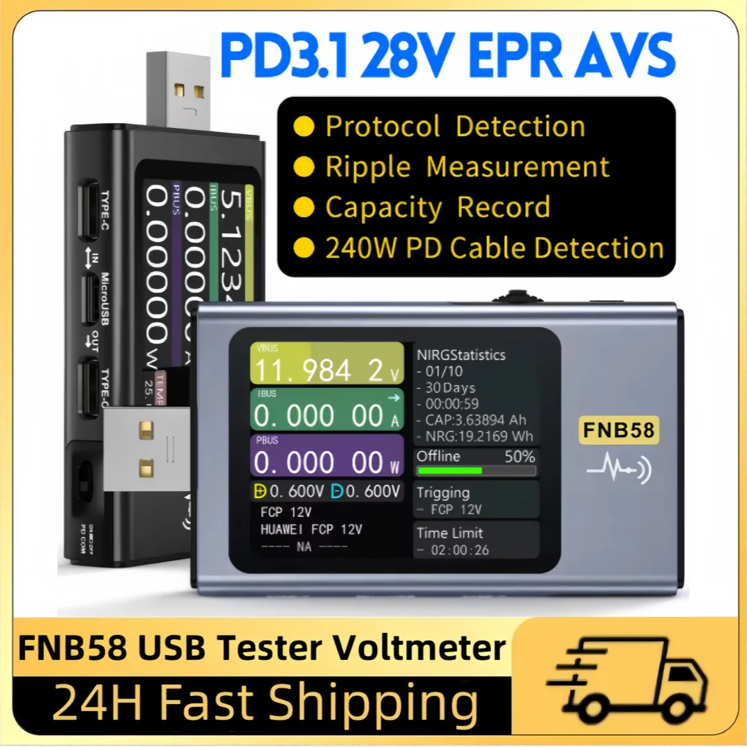 

FNIRSI-FNB58 TYPE-C Fast Charge Detection Trigger Capacity Measurement Ripple Measurement USB Tester Voltmeter Ammeter