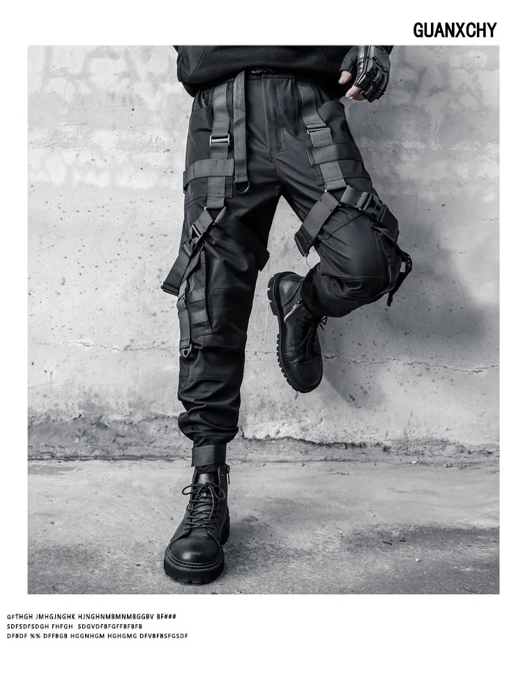 Hip Hop Punk Cargo Pants Man Multi Ribbons Decorative Techwear Pants High Street Tactical Casual Trousers