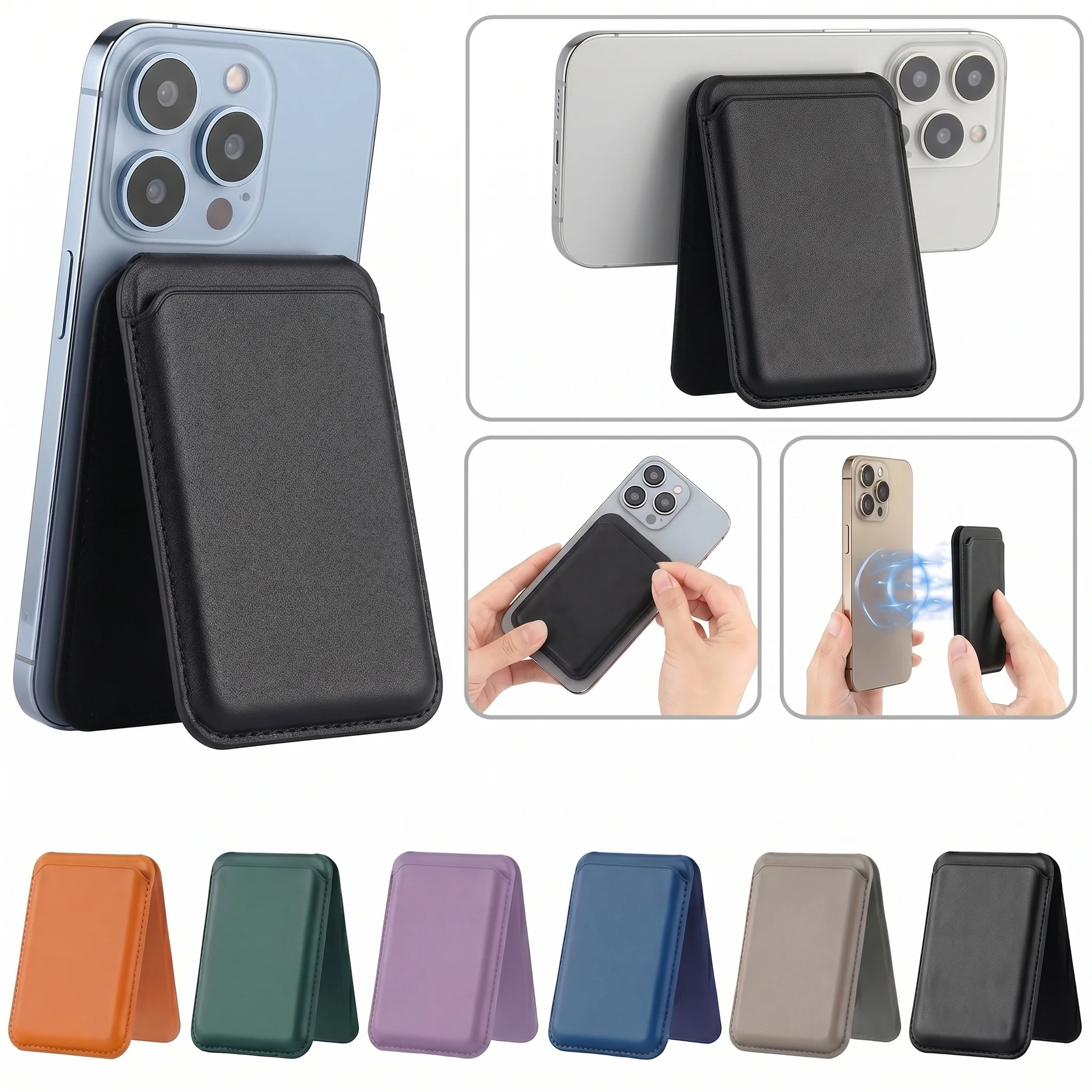2 in 1 Magnetic Wallet Stand N52 Magnet PU Leather RFID Blocking Foldable Kickstand Hold 2 Cards Fit Smart Phone 12-16 Series