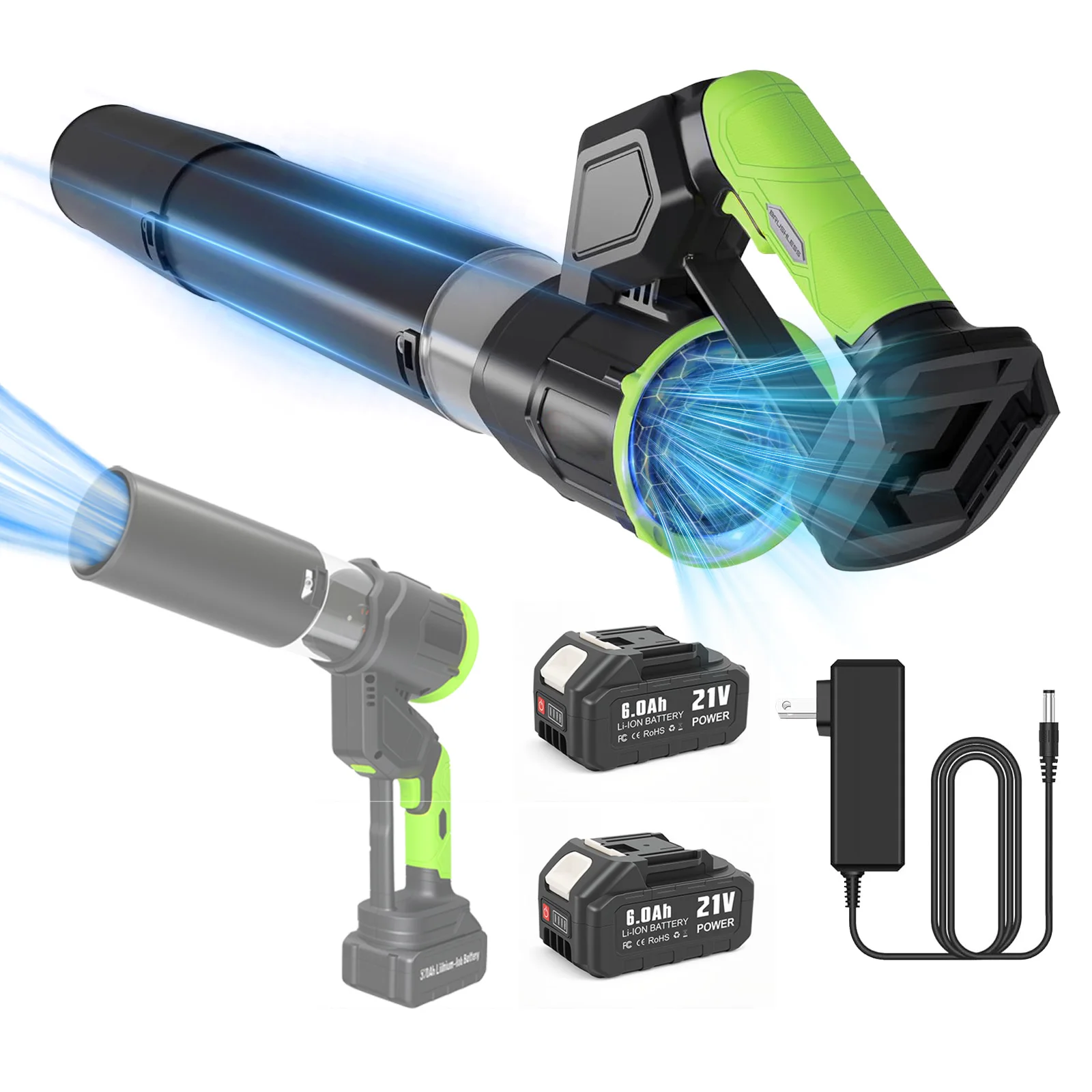 

21V Cordless Brushless Leaf Blower Electric Brushless High-Power 3 Speeds 180° Tube LED Display Two 6.0Ah Battery Garden Tool