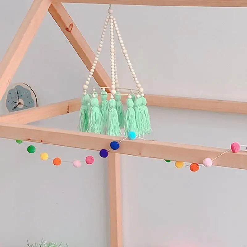 F62d Baby Crib Beads Wooden Beads Tassel Wind Chimes Bed Rattle Kids Kids Room Hanging Decoration Props Props