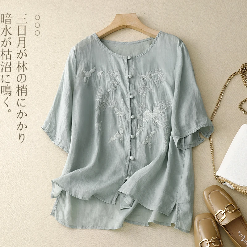 

2023 Vintage Embroidered Shirt Spring Summer Single-breasted Cropped Sleeves Cotton Linen Shirt Womens Tops Camisas De Mujer