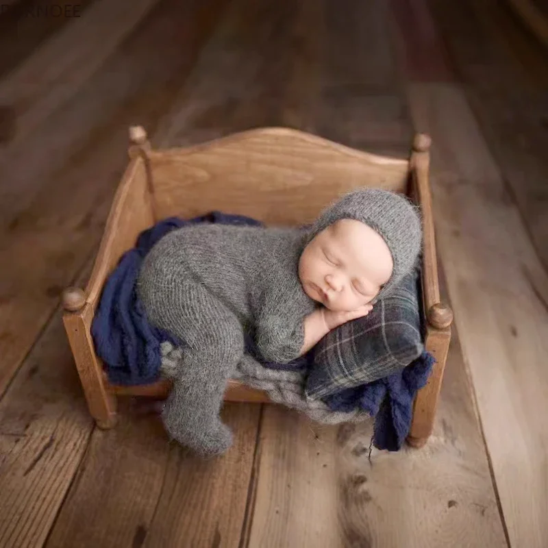 Alat peraga fotografi bayi, pakaian rajut topi Jumpsuit wol, properti fotografi bayi