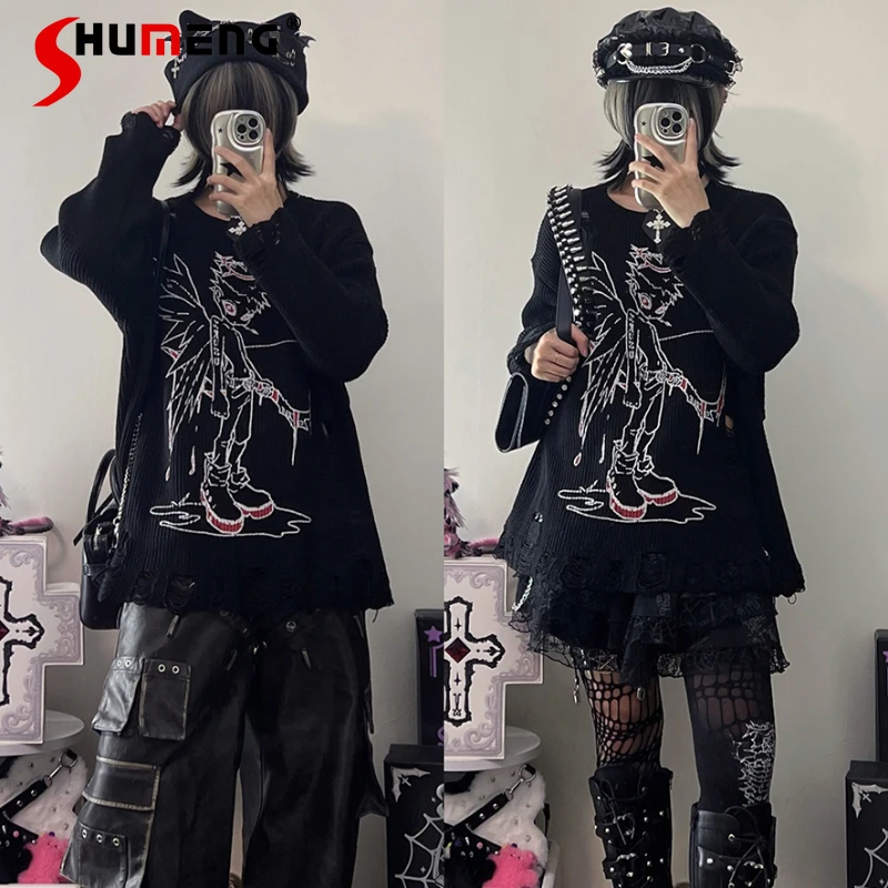 

Japanese Style Autumn Winter Dark Fashion Red Black Punk Ripped Sweater Long Sleeved Coat Y2k Clothes Women's Oversized Knitwear