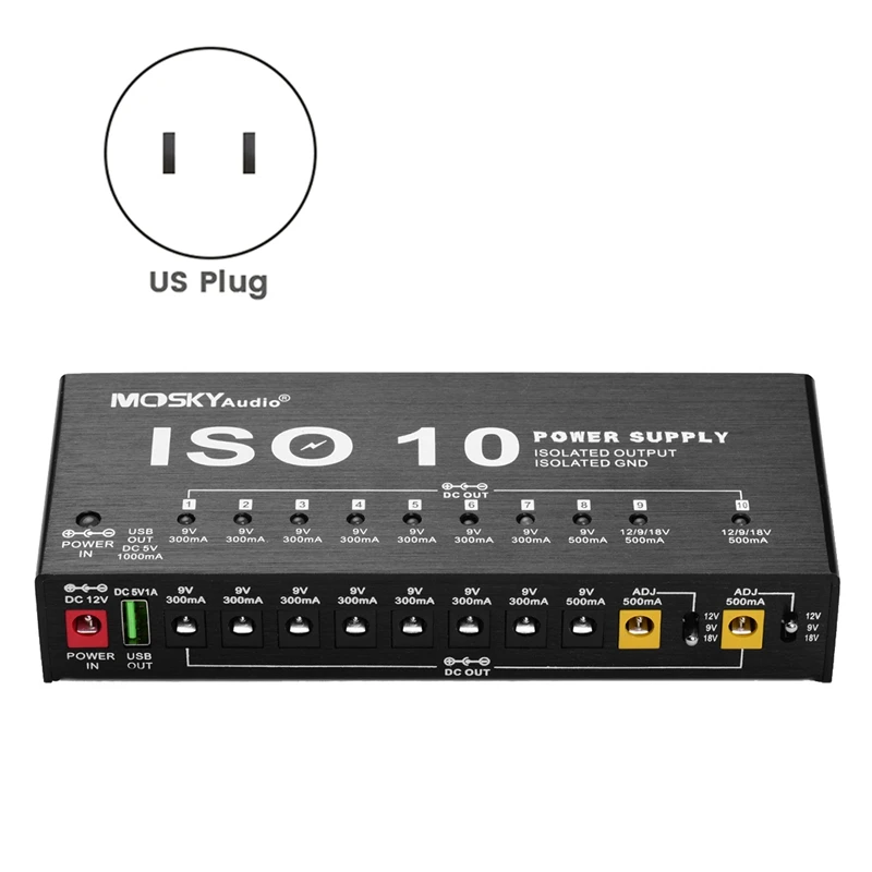 AA79 New MOSKY ISO-10 Guitar Effect Pedal Power Supply 10 Isolated DC Outputs/ 5V USB Output,Protection Guitar Accessories