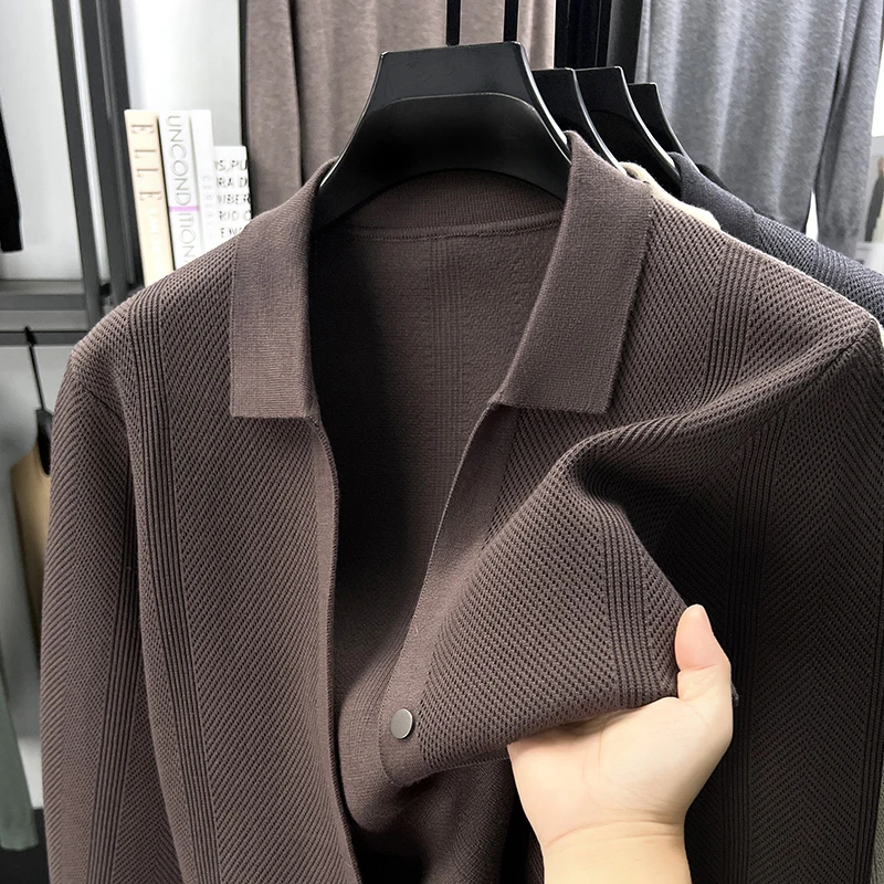 Men's Knitting High Quality Autumn Winter Knit Cardigan Single-Breasted Lapel Leather Label Long Sleeves Sweater Leisure Coat