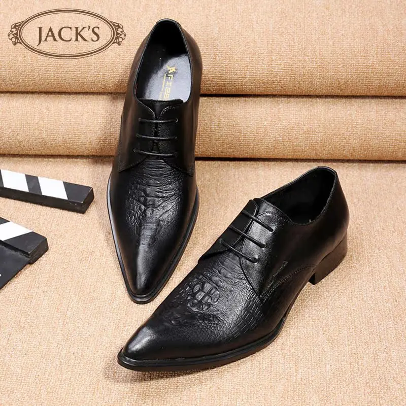 Business Casual Leather Shoes Pointed Toe Men's Shoes Crocodile Pattern Genuine Leather Lace-Up Hairstylist Shoes Fashionable