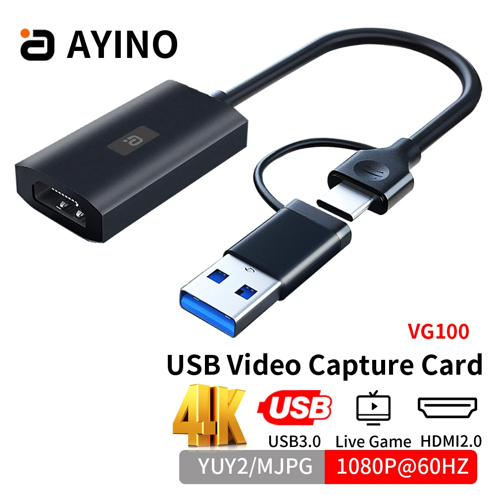 

AYINO TYPE-C HDMI2.0 Video Capture Card USB3.0 4K@60HZ Same Screen Display YUY2 Game to PC Live Streaming Grabber Recorder VG100