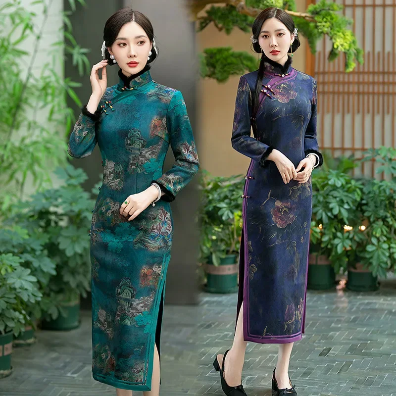 Thick Winter Mom Chinese Retro Long Sleeve Improved Cheongsam Female Dress Qipao