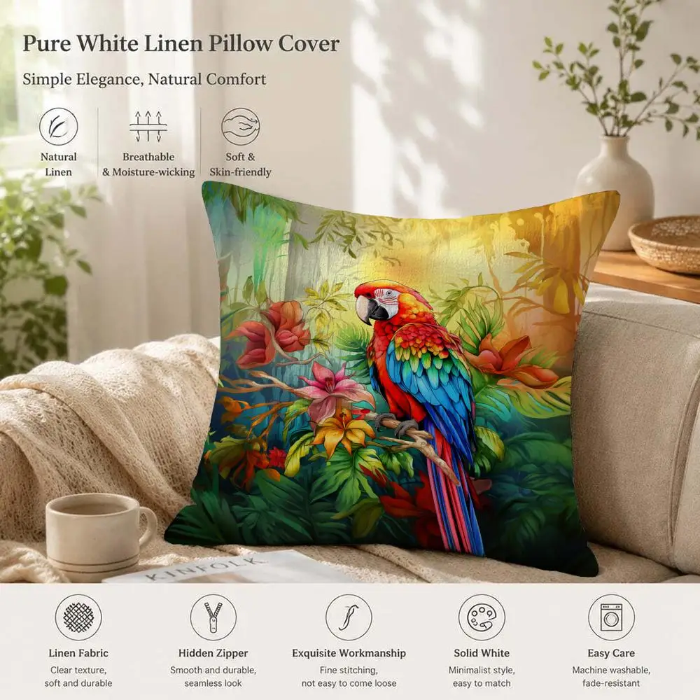 Tropical Parrot Cushion Cover Natural Linen Pillow Case Organic Fabric Double Sided Print Sofa Home Decor Gift