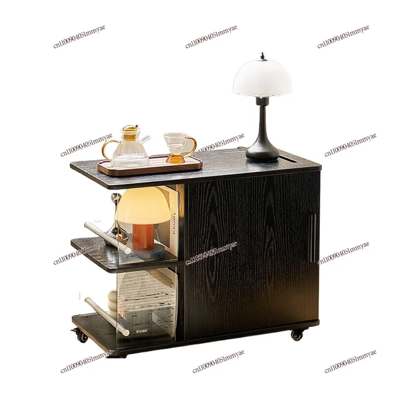 

Solid wood edge table removable tea cabinet with wheel rack