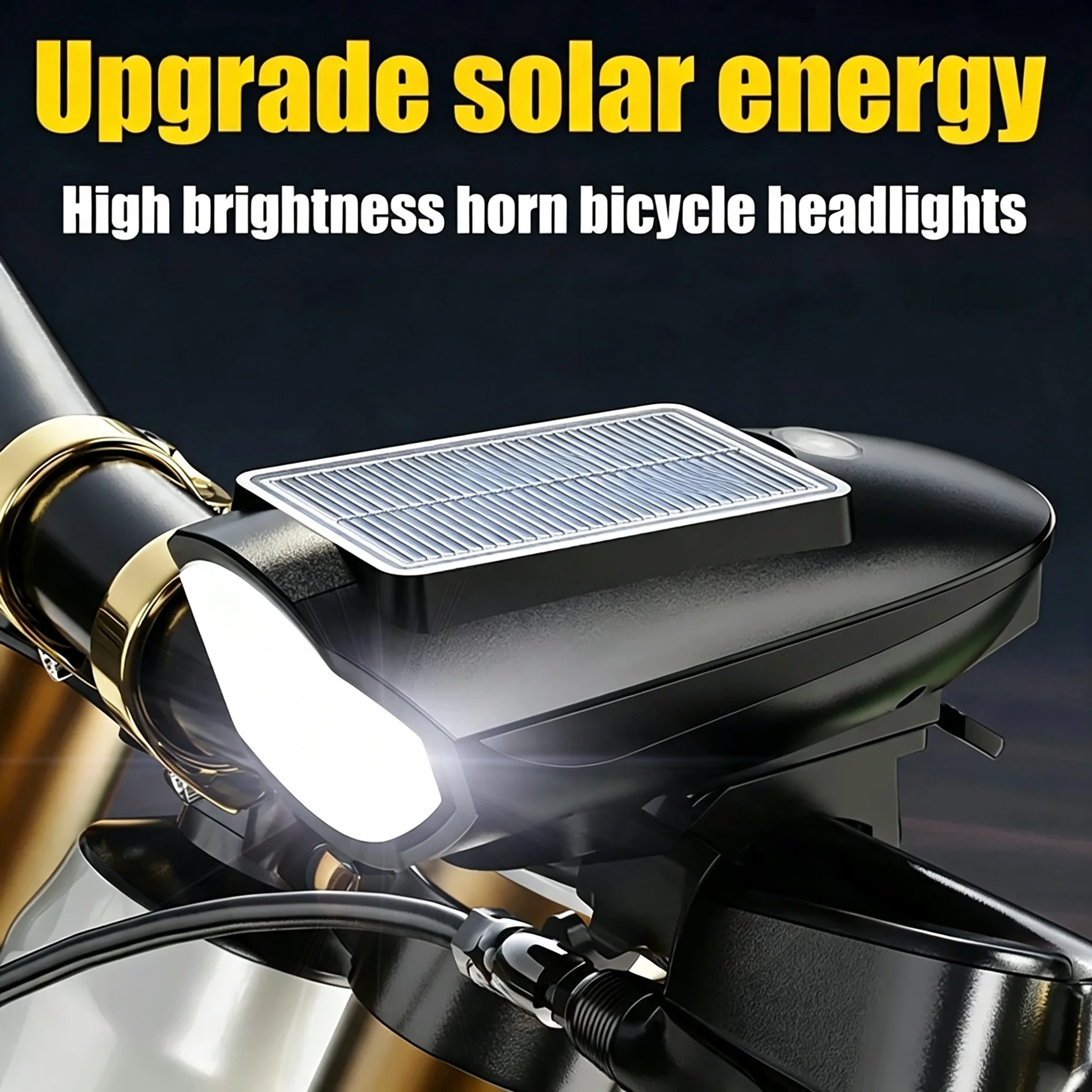 Bicycle Front Light, Solar Charging, High-Brightness Bike Light, High-Pitched Horn, USB Charging, Three Light Modes