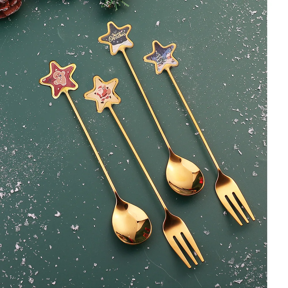 2PCS/4PCS/6PCS Christmas Spoon Set Stainless Steel Pentagram Decorative Tableware Gift Box Christmas Dessert Fork Spoon Set