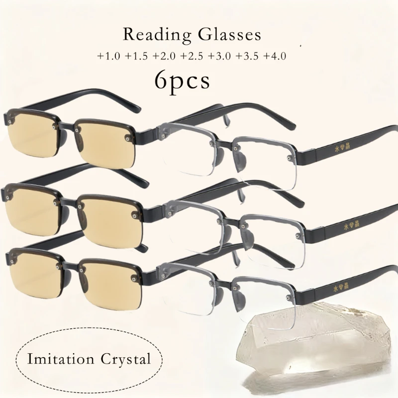 6PCS Stilvolle Halbrahmen Lesebrille Frauen Männer Imitation Kristall Objektiv Tragbare Anti Blaues Licht Brillen Von 1,0 Bis 4,0