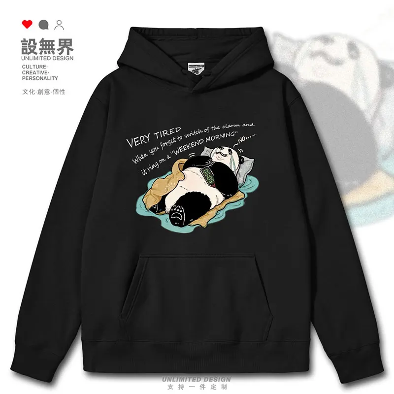 

Lying on the bed, pandas wake up early, working people, weekend alarm clock rings, collapse illustration mens hoodies white