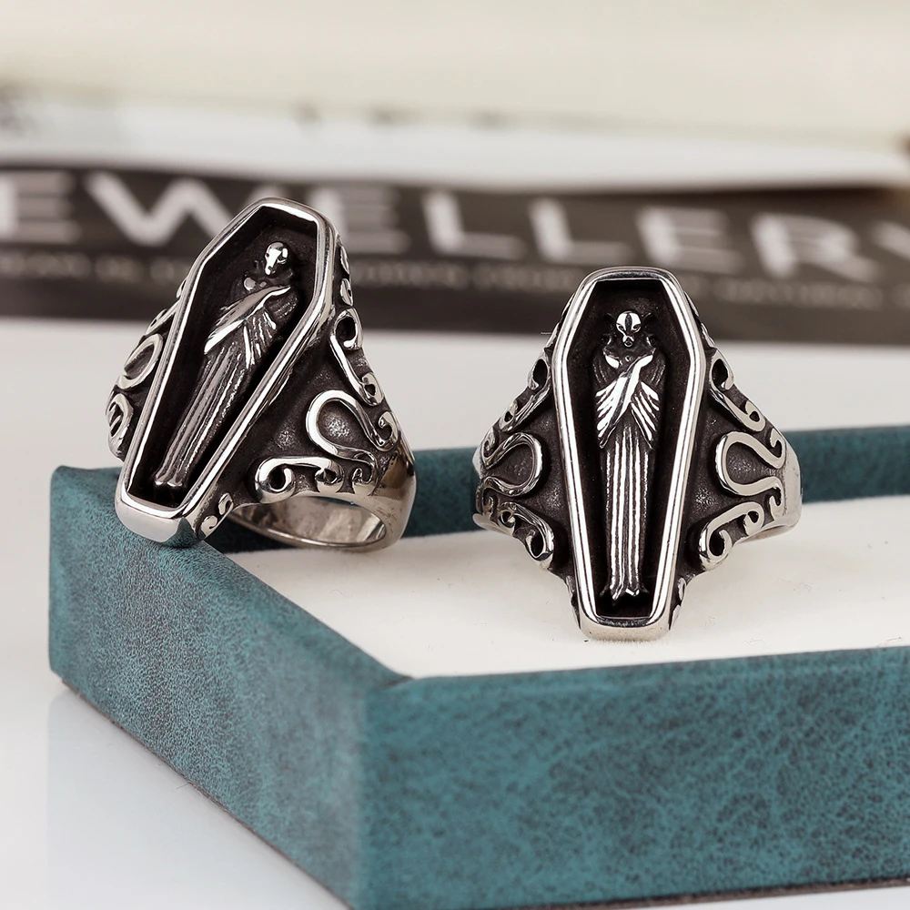 Gothic Egyptian Mummy Skull Rings For Men Punk Hip Hop Street Black Stainless Steel Vampire Coffin Ring Jewelry Gift Wholesale