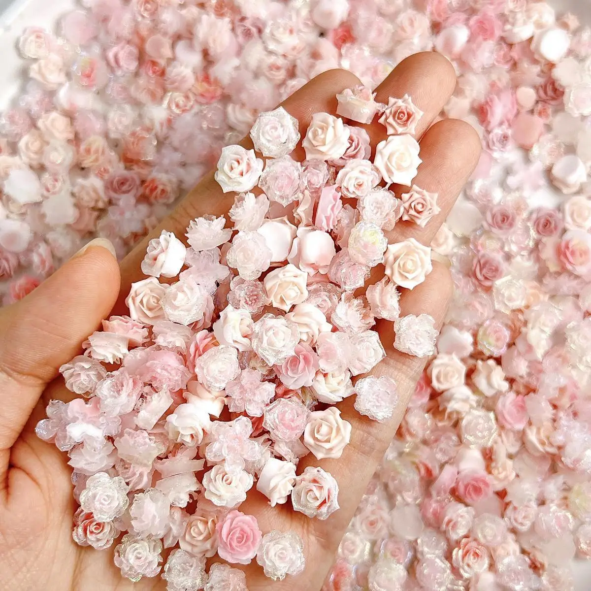 

Sweet Dreamy Soft Camellia Resin Nail Charms Transparent Pink Rose Peony Shinny Blossoms Nail Art Decorations DIY Earrings Nails