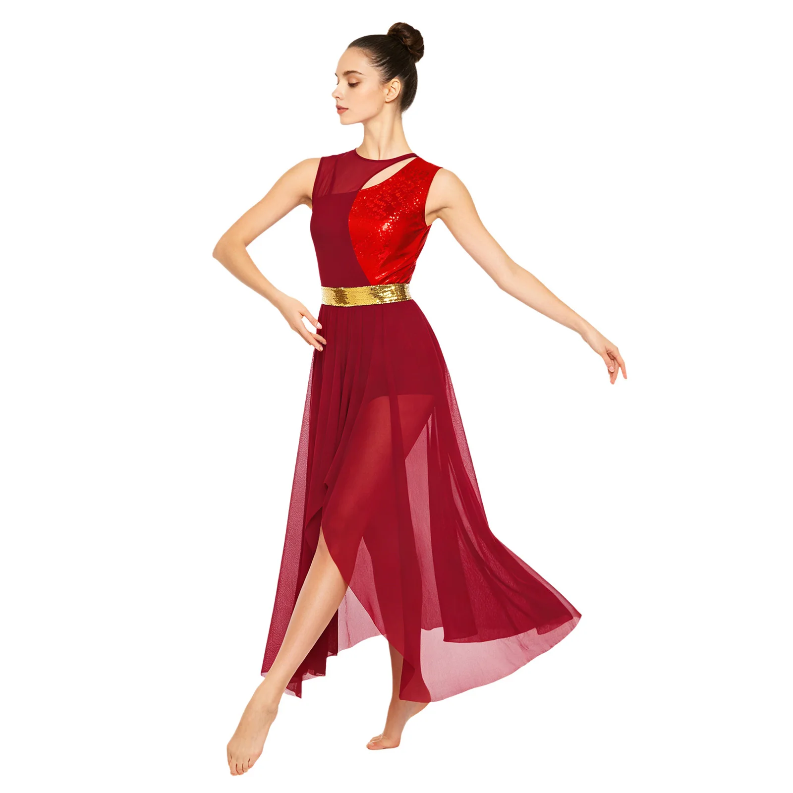 

Women Lyrical Ballet Dance Dress Sleeveless Irregular Mesh Hem Dress Sequined Waist Belt for Church Worship Dance Competition