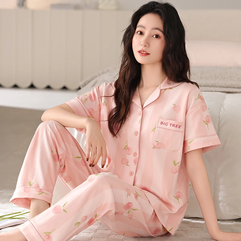 

Big Size M-5XL Summer Women Sleepwear Women 100% Cotton Turn-down Collar Pajamas Set