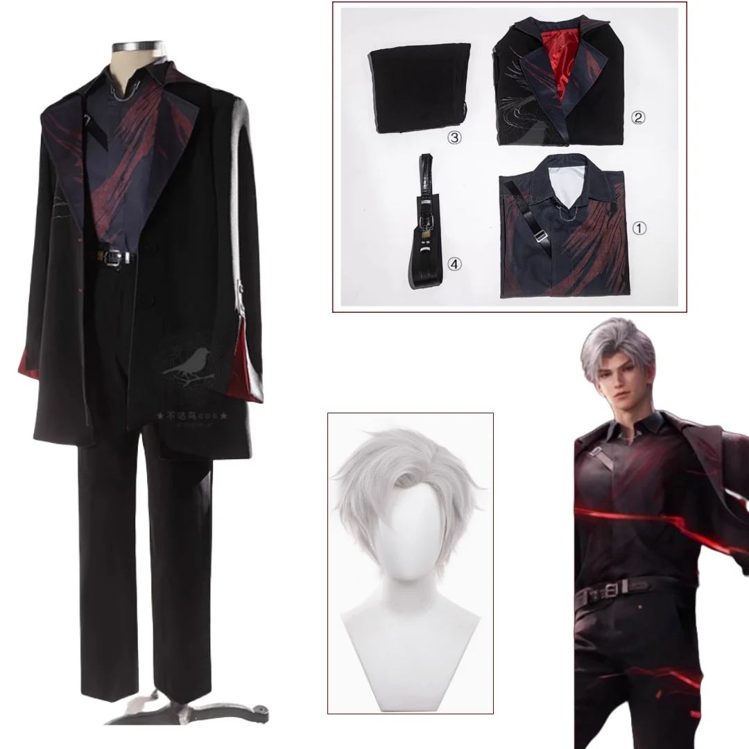 Game Love and Deepspace Sylus Relentless Conqueror Cosplay Costume Men Wig Crimson Veil Uniform Onychinus Halloween Party Suit