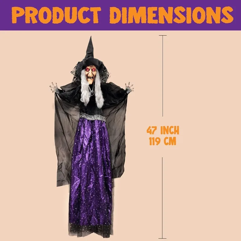 47'' Animated Witch Halloween Decorations Outdoor Indoor Scary Halloween Animatronics Decor, Hanging Ghost Talking Sound Activated Led Lights Eyes Haunted House Yard Garden Lawn view 6