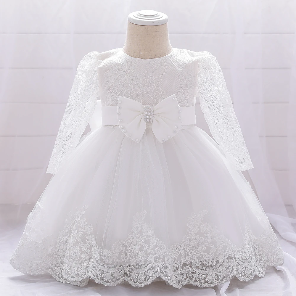 Elegant Long Sleeve Baby Girl Dresses Big Bow Party Wedding Girl Lace Dresses Infant Girl 1st Birthday Princess Baptism Costumes