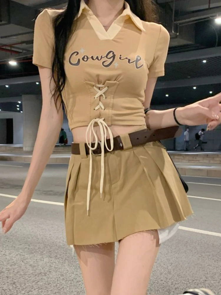 女性用ツーピースミニスカートセット,アルファベットプリントストラップTシャツ,女の子用スカート,韓国スタイル