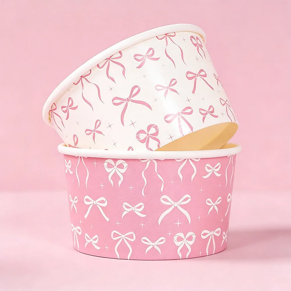 6/10/20/30/50 Stück Rosa Schleife Papier-Tischgeschirr Eiscreme-Schale Snack- und Obstbox Kindergeburtstag Baby-Shower Deko-Zubehör Geschenke – Detail 3
