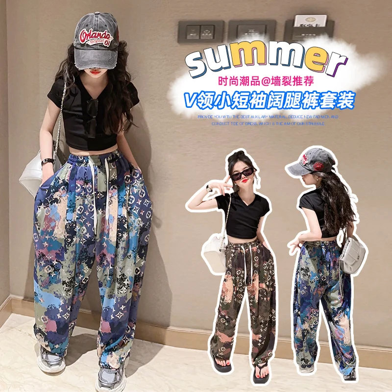 

New Children Set Summer Girls Retro Style Pleated Wide Leg Pants V-neck Short Sleeve Set Princess Design Fashion Versatile Pants