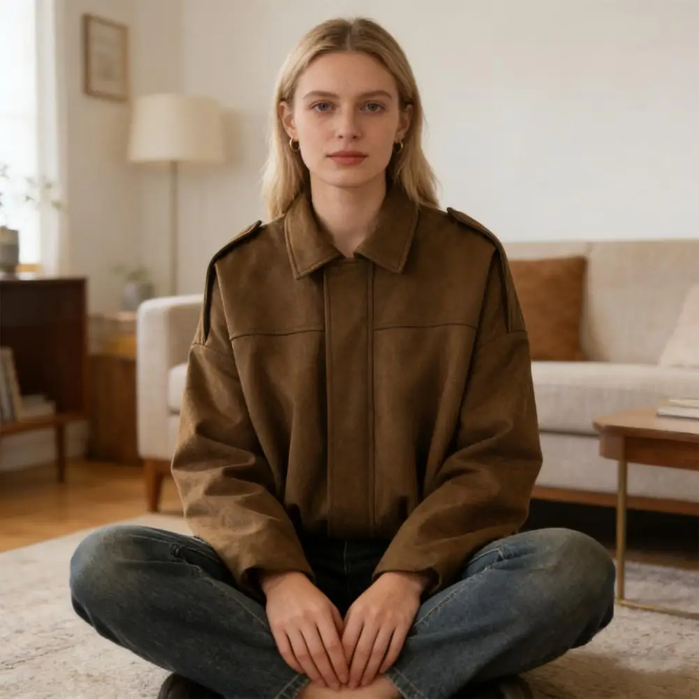 

2026 Spring new women's suede texture effect Loose version of fashion lapel shoulder bomberjacket Outerwear