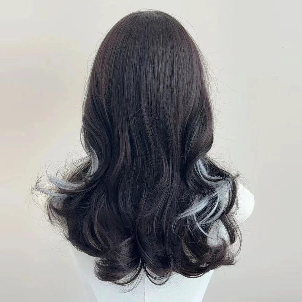 Short Wavy Purple Blue Black Highlights Synthetic Wig with Bangs Fluffy Lolita Cosplay Wig Heat Resistant for Daily Party