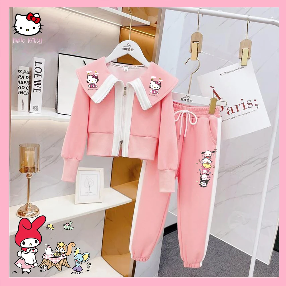 2Pcs Girl Sports Suit Coat Pants Sanrioed Anime Hello Kitty Melody Cinnamoroll Kawaii Korean Version Spring Autumn Student Set